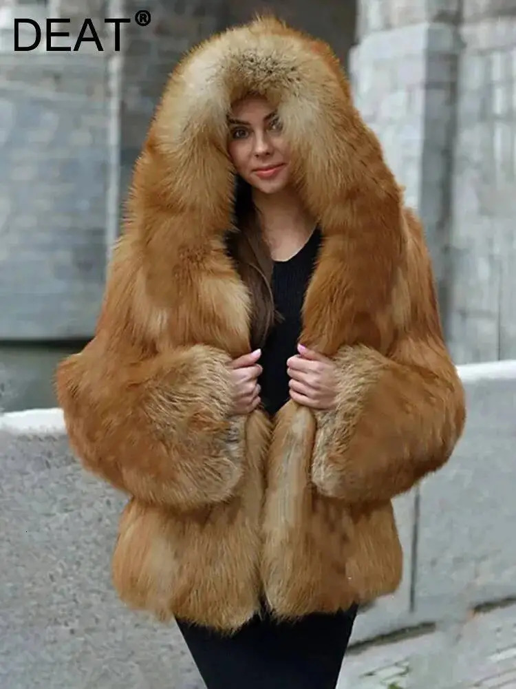DEAT Fashion Khaki Faux Fox Fur Coat Women's Hooded Loose Plush Thick Jacket Winter 7A1848 261015