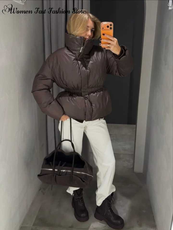 Women's Down Parkas Solid Waist-cinching Pleated Cotton Coats Women's Warm Stand Collar Zippers Glossy Quilted Jackets 2026 Winter Female