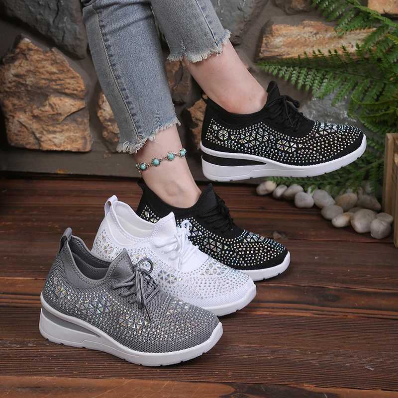 Casual Shoes Women's Sparkly Rhinestone Wedge Sneakers Breathable Mesh Lace-Up Casual Walking Footwear H261016