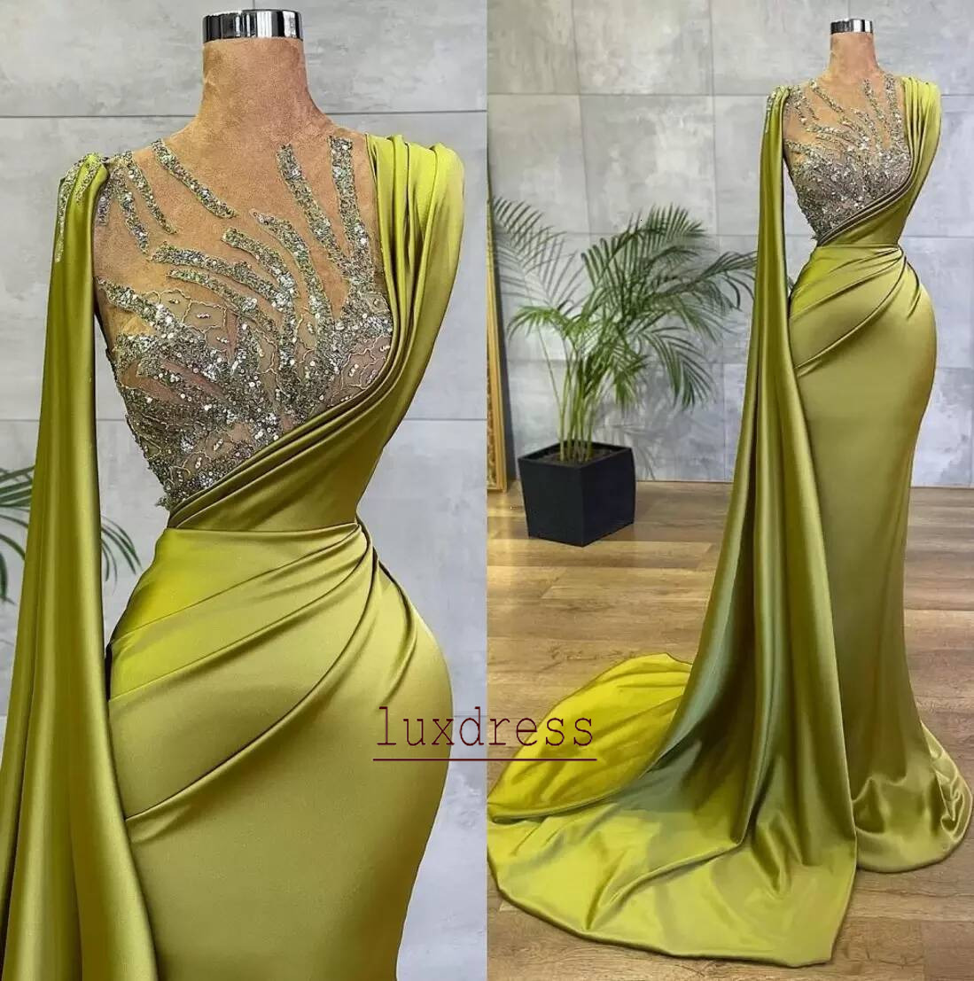 Arabic Lemon Green Satin Mermaid Evening Dresses Mesh Top Sequin Beads Ruched Formal Ocn Wear Gold Hunter Sheer Neck Sweep Train Robe De Soriee