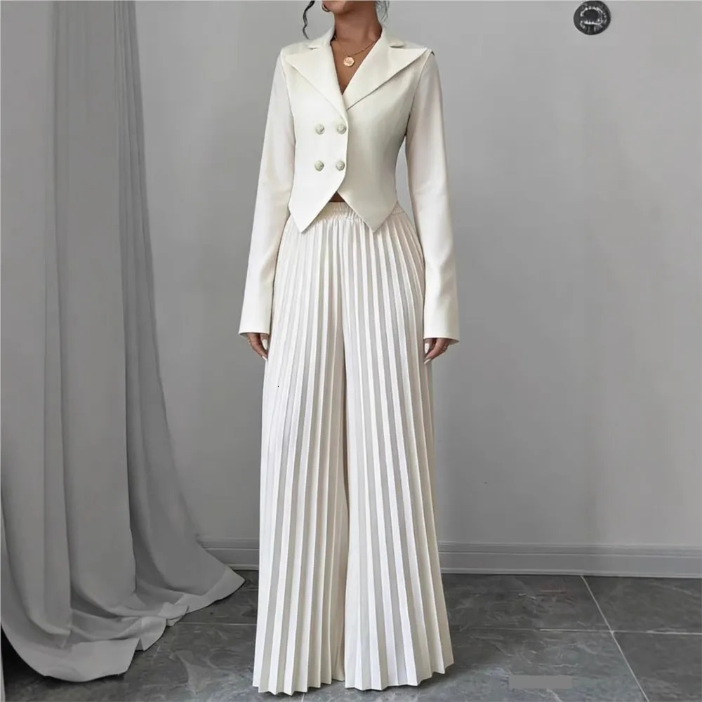 Fashion Pleated Trousers Two-piece Women's Suit Short Top Suit Spring Autumn Elegant Female Slim Office Trousers Suit 261016