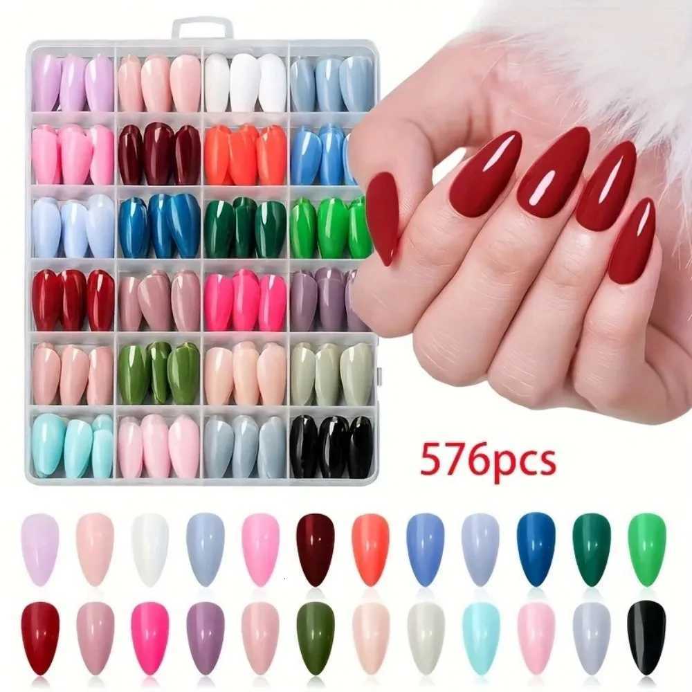 False Nails 576pcs Short Almond Press On Nails 24 Colors Solid Full Cover False Nail Tips with 12 Sizes for Women Daily Manicure Q261017