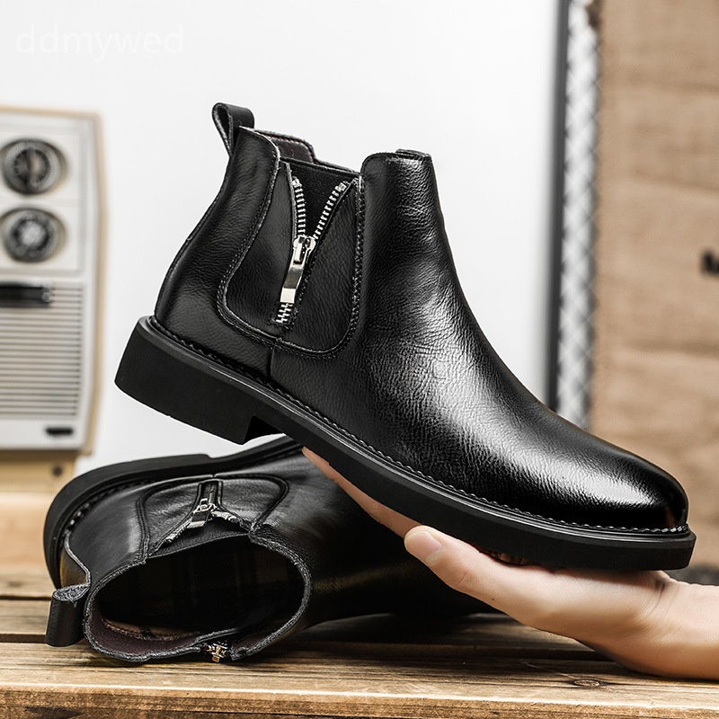 Men's Genuine Leather Chelsea Boots with Zipper, Casual Ankle Boots for Men, Winter Work Boots Size 39-44