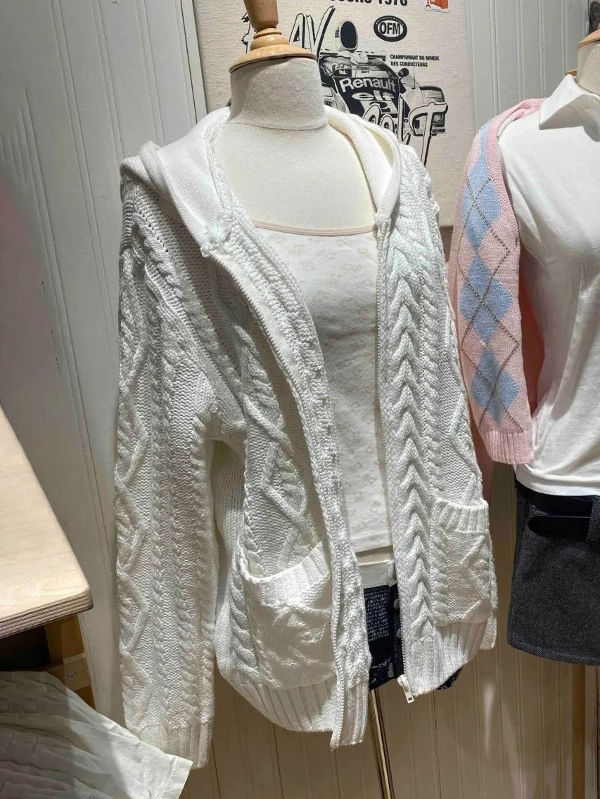 White Twisted Flower Hooded Cardigan Women Long Sleeve Zipper Pocket Knitted Outerwear Spring Casual Fashion Sweater 261015