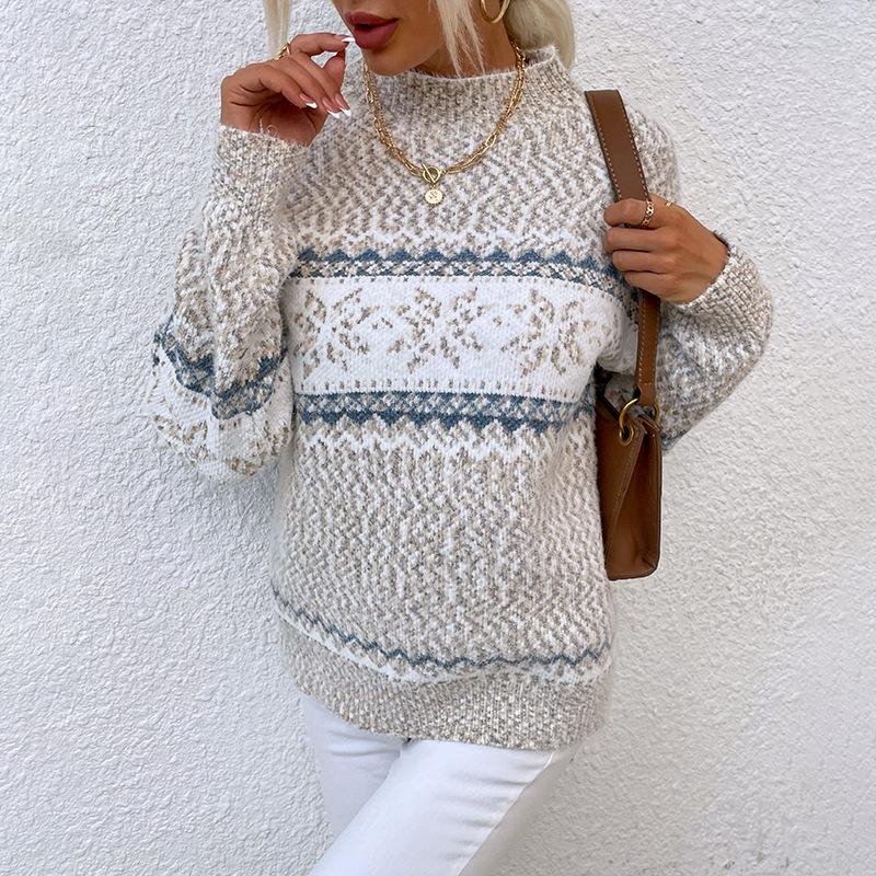 Pull en tricot de flocon de neige de Noël pour femmes de styliste, demi-col roulé, manches longues, pull ample