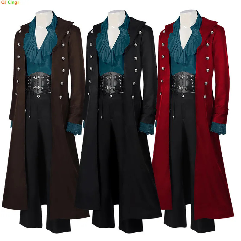 2026 Steampunk Red Men's Vintage Long Jacket Black Gothic Trench Coat Blue Stage Performance Overcoat. 261015