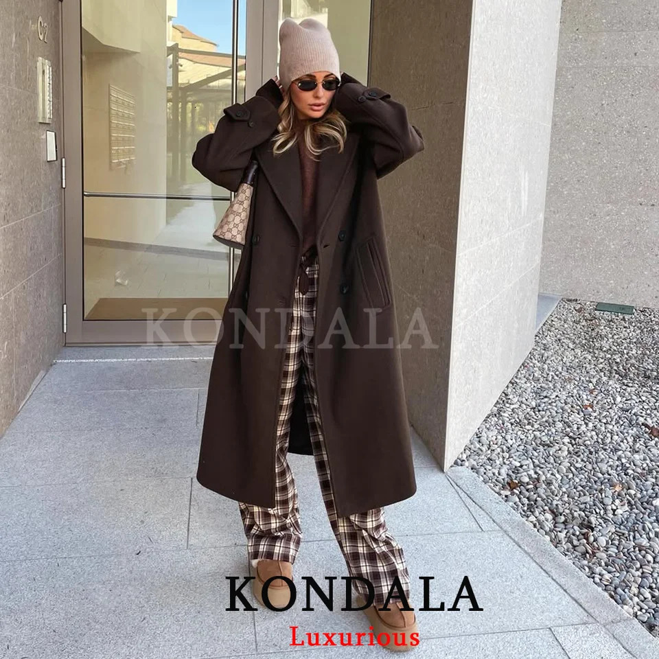 KONDALA Chocolate Brown Women Long Coats Double Button V Neck Straight Long Jackets Fashion Spring Elegant Office Outwears 261016