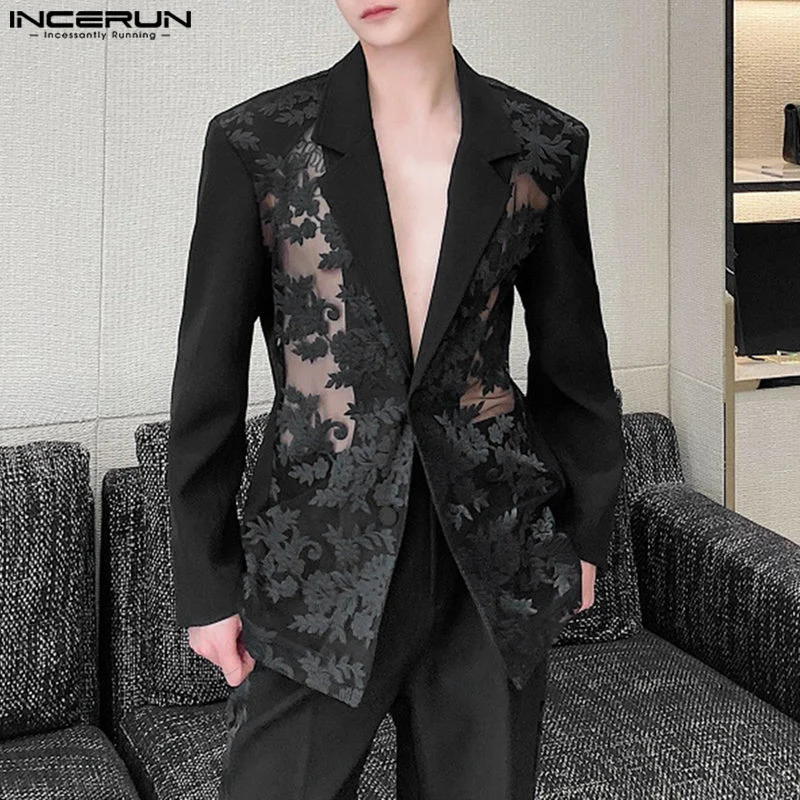 INCERUN Men Blazer Mesh Patchwork Lace Transparent Lapel Long Sleeve Casual Suits Men Streetwear One Button Fashion Coats 261015
