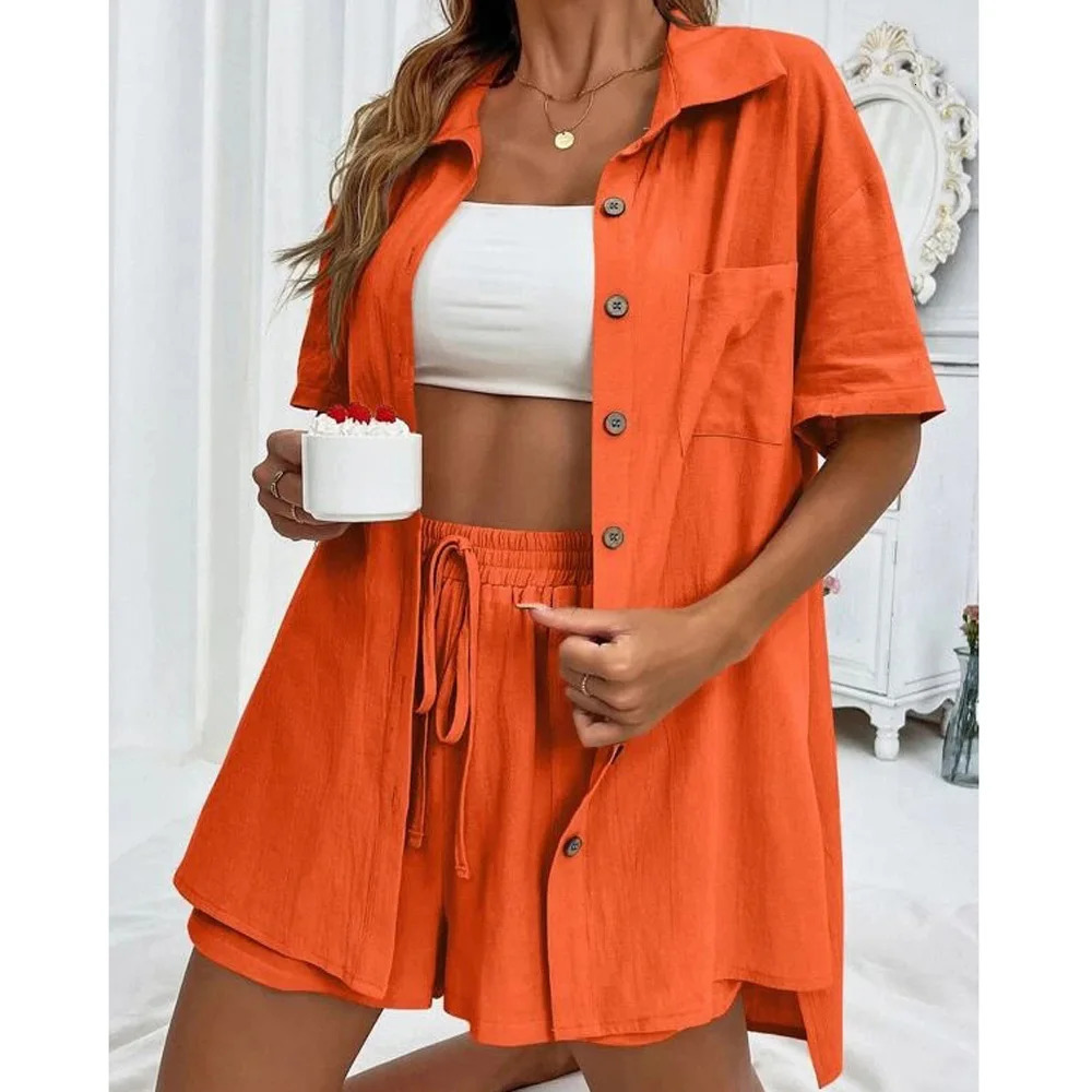 Long Sleeve Single breasted Top Broad legged Shorts Set Fashion Ladies Sexy Solid Suits 2024 Summer 2 Piece Outfits For Women 261013