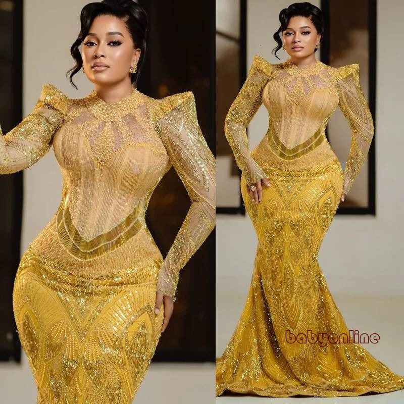 Plus Size Gold Prom Mermaid Evening Dresses For Special Occasions High Neck Long Sleeves Crystals Pearls Party Dress Second Reception Gowns Am3836