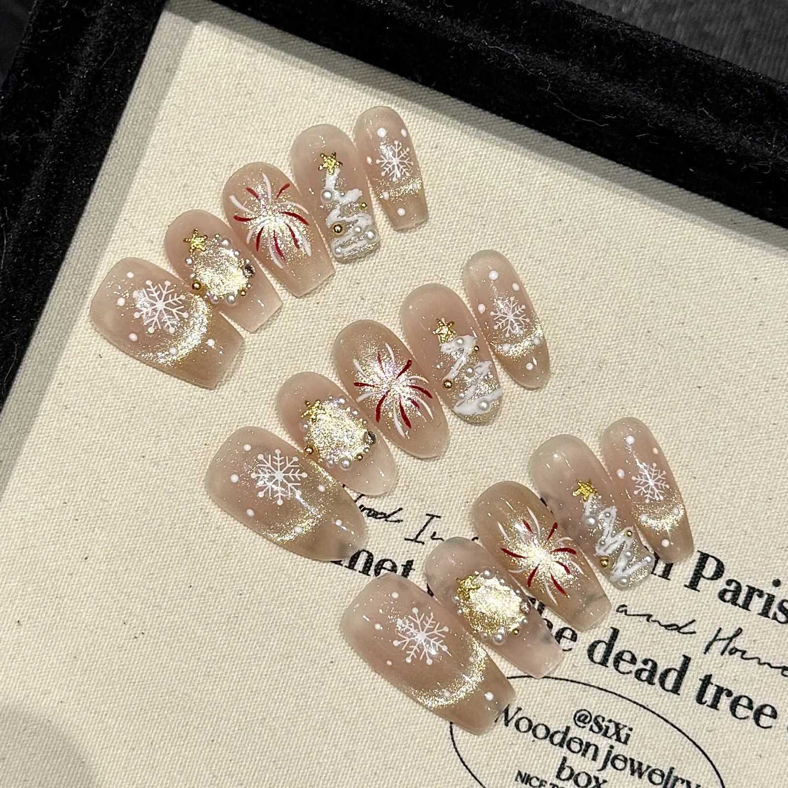 False Nails Handmade Christmas Press on Nails Shiny Fireworks Snowflake Design Fake Nails Wearable 2025 New Year Gifts Korean False Nails Q261017