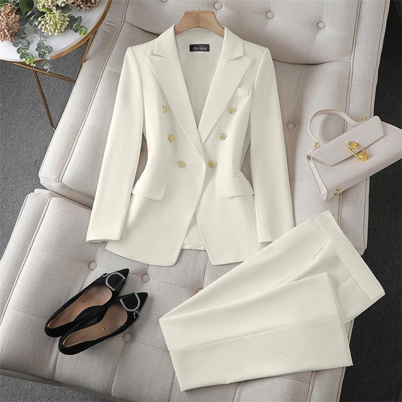Office Blazers Two-piece Suit Women's Casual Sets Spring Autumn Slim Double-breasted Coat 2-piece Sets 261016