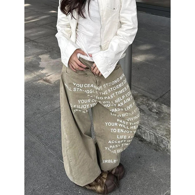 Khaki Autumn And Winter Blue Jeans Women Y2K Vintage High Waisted Jeans Straight Streetwear Loose Large Wide Leg Denim Pant 261016