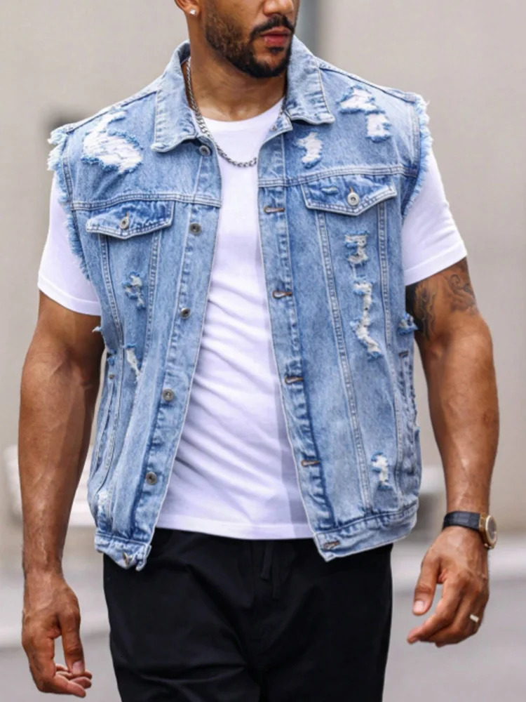 Men's Ripped Denim Vest Loose Fit Washed Sleeveless Jean Jacket with Frayed Edges Streetwear Style 261015