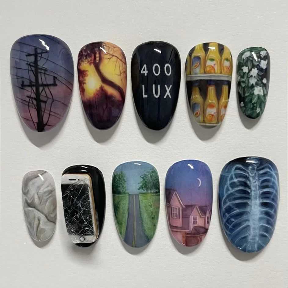 False Nails 24pcs Glossy Almond Fake Nail Patches Full Cover Acrylic Material False Nails With Highway Dusk Bones Designs Press On Nail Q261017