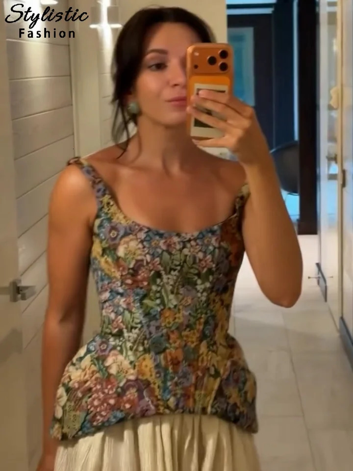 Chic Print Flower Slim Top Women Sleeveless Slash Neck Sling Backless Zipper Vest Female 2026 Fashion Summer Autumn Lady Tops 261017