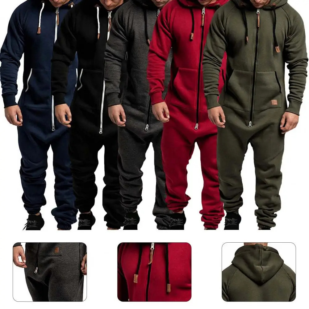 2026 Sports Men Warm Fleece Onesie Fluffy Lounge Adult One Piece Male Jumpsuits Hooded Onesies For Running Zip Suit 261017