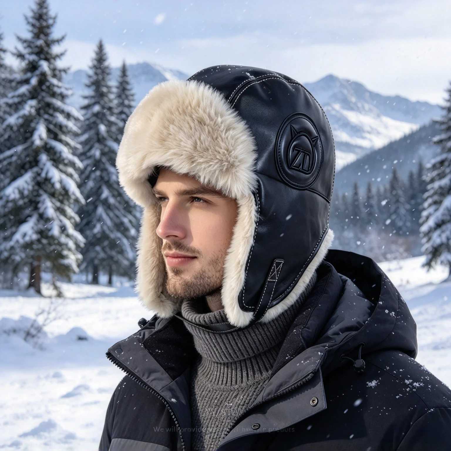 Trapper Hats Vintage Pu Leather Earflap Hat with Thick Faux Fur Lining Side Devil Embroidery Winter Snow-Proof and Warm Hat for Mountaineering and C