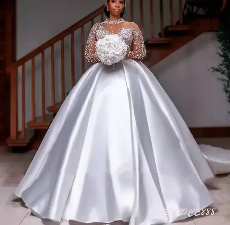 African Elegant White Satin Wedding Dresses 2027 Sheer O neck Beads Long Sleeves A line Bridal Bride Party Gown Vestidos De Novia