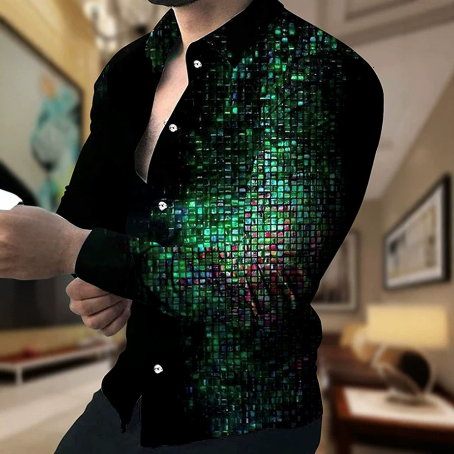 2026 European And American 3D Printed Men's Trendy Geometric Print Fashion Long Sleeve Slim Fit Shirt For Men Free Shipping