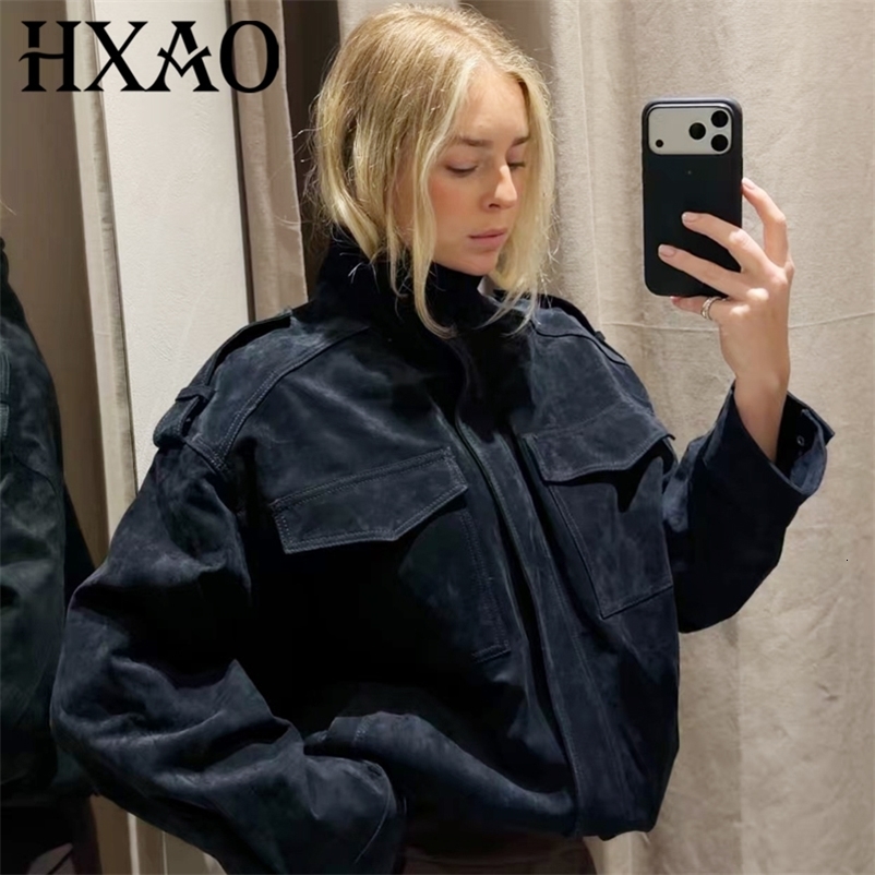 HXAO Arrival Suede Jacket Women's Jackets Autumn Darkgrey Khaki Bomber Jacket Chic Zip Up Long Sleeve Coat Fashion Outerwear 261016