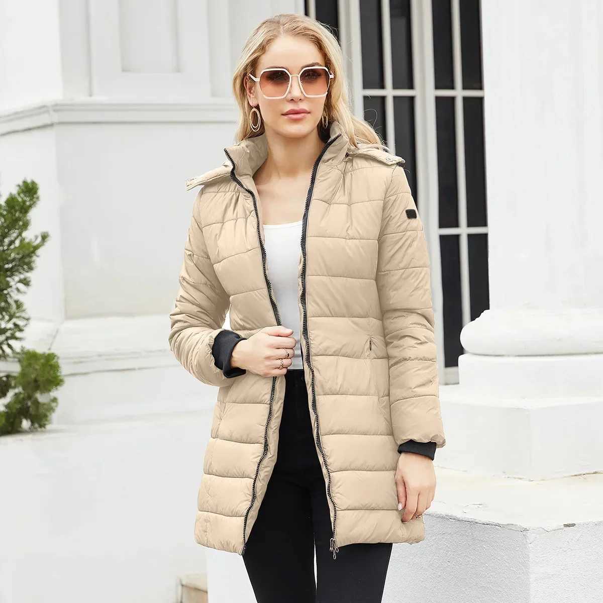 Women's Down Parkas New Winter Warm Hooded Parkas For Women Solid Thick Cotton Padded Coats Ladies Mid-length Casual Slim Parka Streetwear Over
