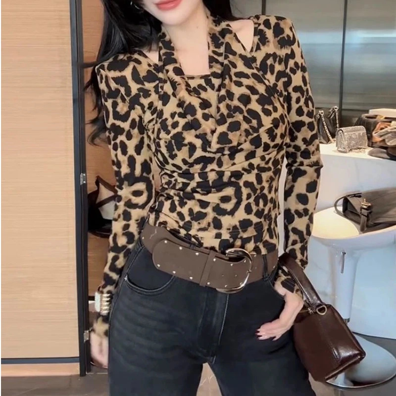 Trend Leopard Print All-match Youth Tops Long Sleeve Two Piece Vintage T Shirts Spring Autumn Fashion Y2K Women Clothing 261014