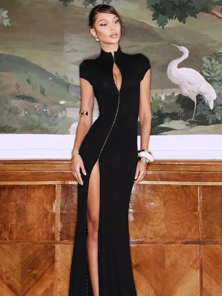 Women everyday Casual Dress Chic Black Hollow Out Slit Dress Women Fashion Short Sleeve Solid High Neck Slim Fit Maxi Dresses Lady Evening Party Clu