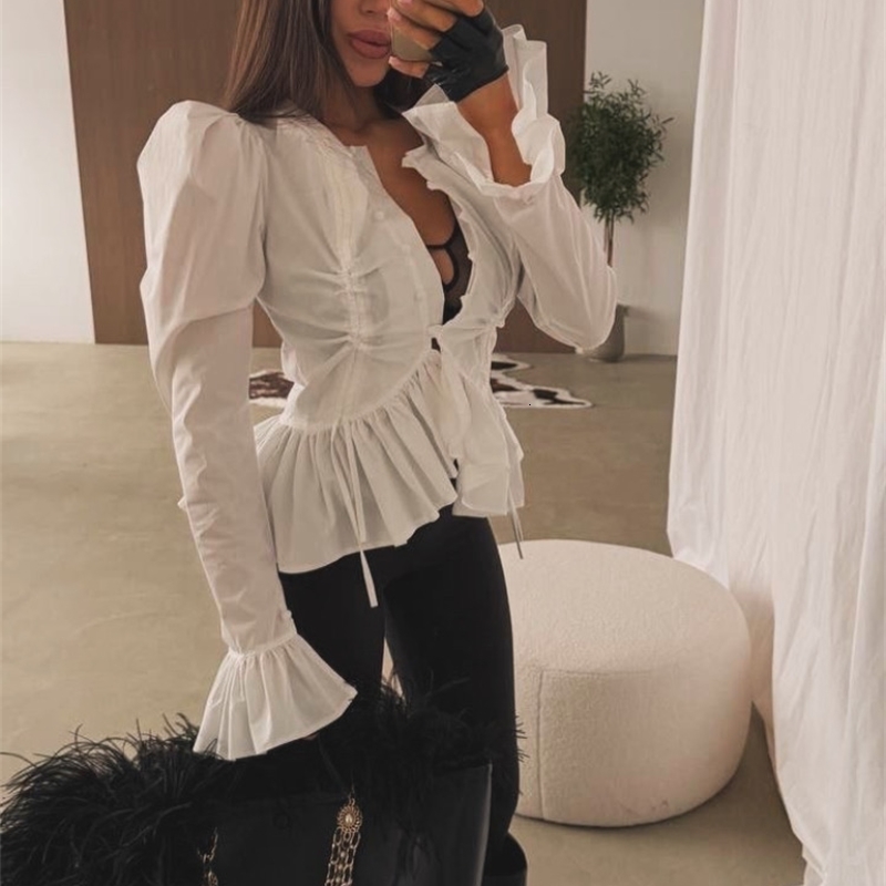 Fashion Women's Shirt Flare Sleeve Single Breasted Ruffle Hem Solid Female Shirts 2026 Spring Summer Elegant Chic Lady Top 261015
