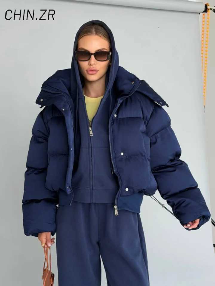 Women's Down Parkas Casual Women's Puffy Cotton Coats Detachable Hood Drawstring Stand Collar Zipper Full Sleeve Coat 2026 Autumn Winter D
