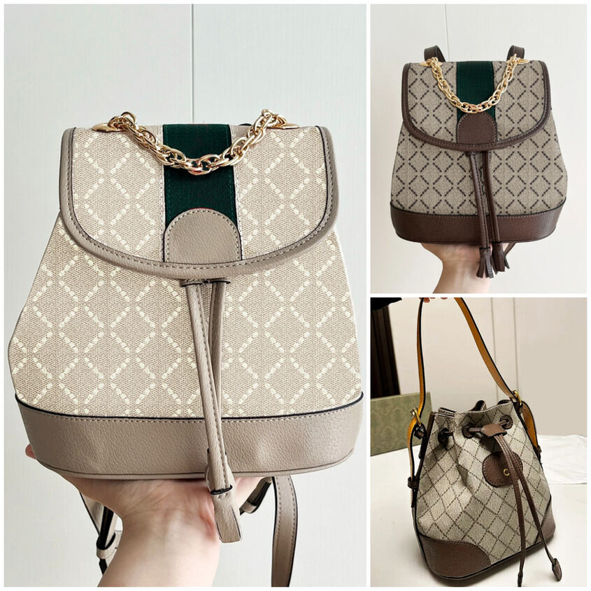 Women Luxury Designer Vintage Mini Drawstring Bucket Backpack Canvas Leather Printed Shoulder Daypack with Tassel Flap Ladies Travel Blogger Hot Gir