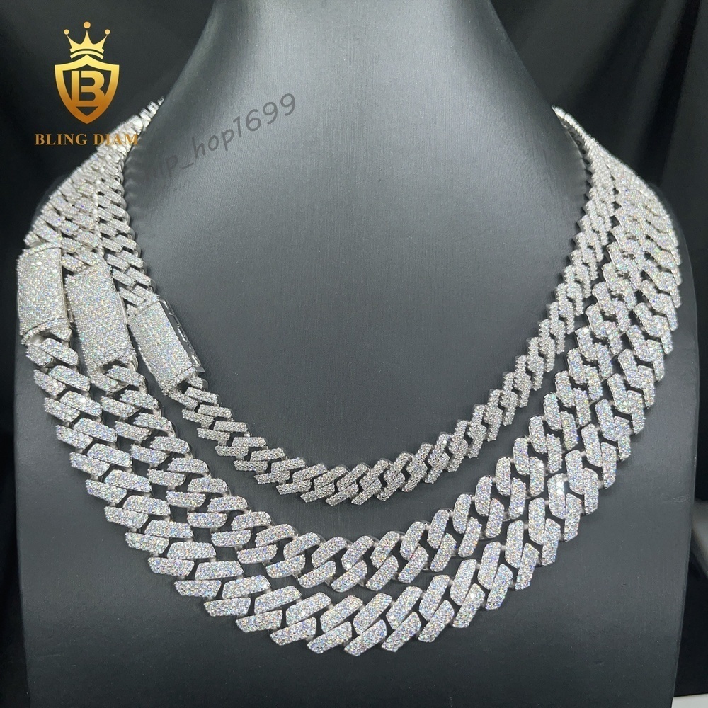 VVS Moissanite Cuban Link Necklace 10mm 12mm 13mm 2 Row Baguette Chain 925 Sterling Silver Hip Hop Men Jewelry