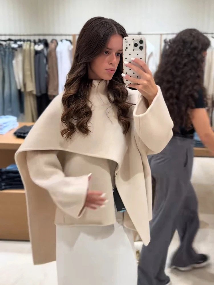 Fashion Solid Women's Wool Coat Scarf Collar Short Loose Long Sleeves Warm Jacket Chic Autumn Winter Office Daily Wear 261016