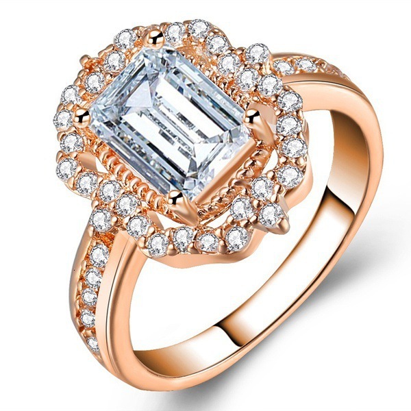 Moissanite Rectangle Floral Halo Ring Two Colors Rose Gold Silver Plated Luxury Wedding Engagement Women Finger Jewelry
