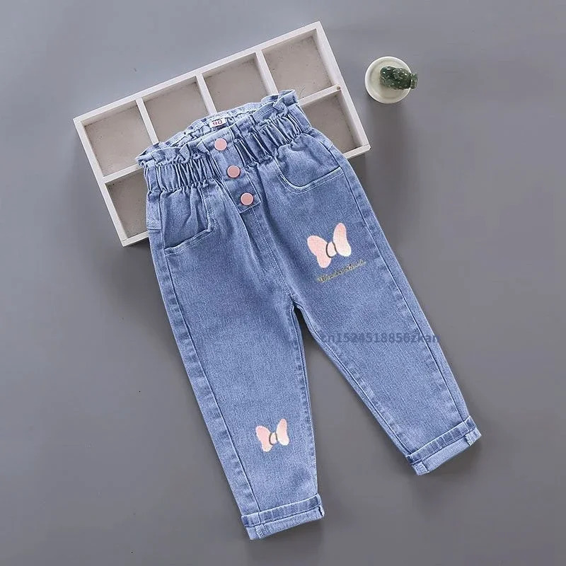 Kids Girl Jeans Floral Cartoon Long Pants Spring Autumn Graffiti Painting Print Casual Trousers with Hole Children Denim Pants261016