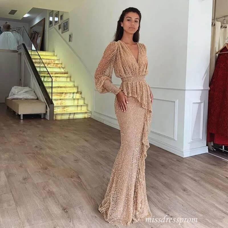 Long Sleeve Mermaid Prom Dresses Sparkly Beads V Neck Party Gowns Turkish Vestidos Formal Dress Evening Wear