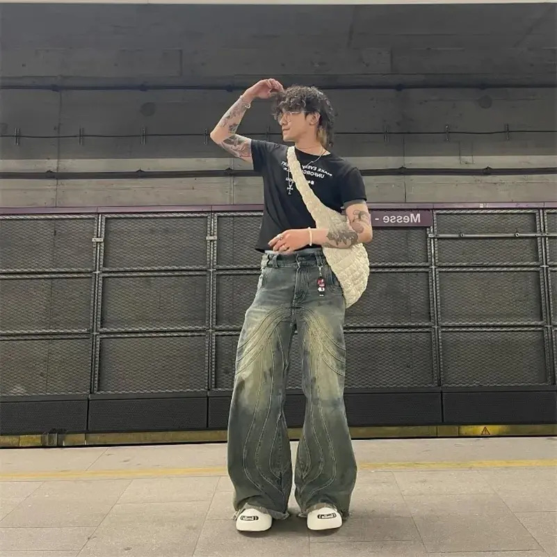 Men Jeans Y2k American Fashion Heavy trousers Industry Blue Washed Baggy Jeans Men Street Retro Hip Hop Casual High Waist Wide Leg Pant Denim Pants