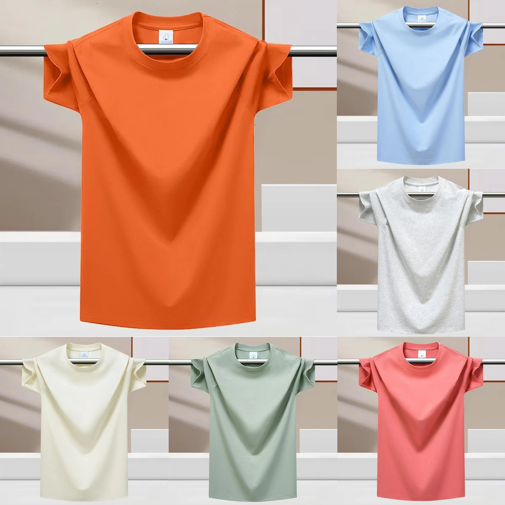 Summer ice silk short sleeved T shirt men cool feeling cotton loose fit round neck orange half sleeve top for teenagers
