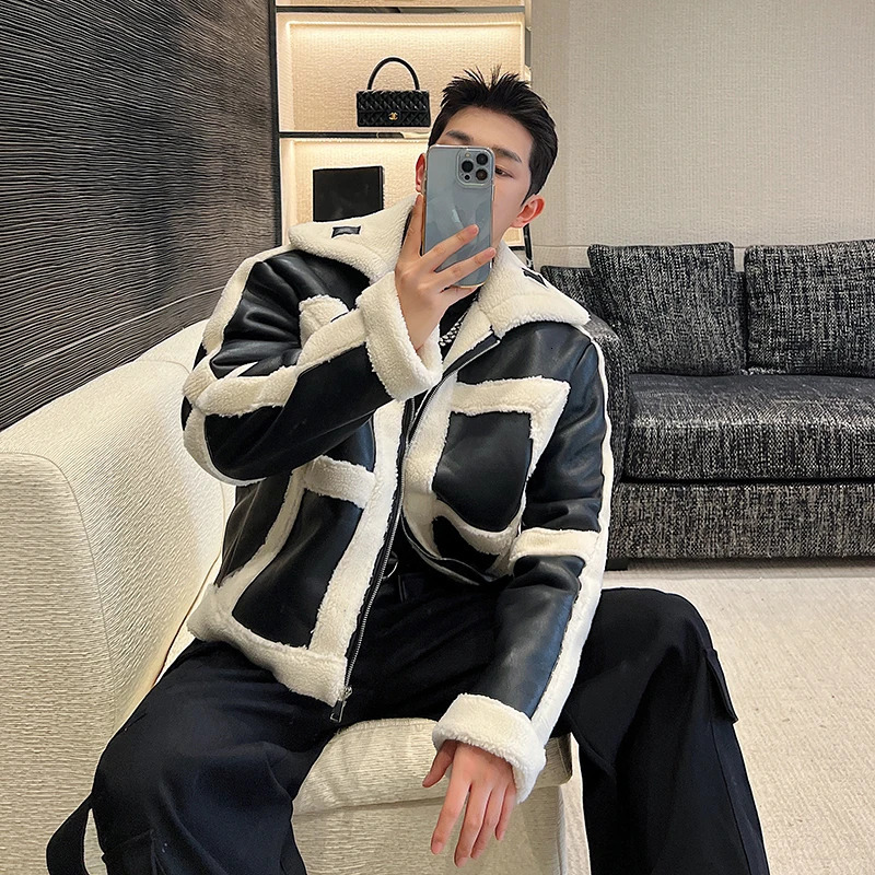 2024 Winter Men Korean PU Leather Thick Jackets Male Contrast Color Faux Fur Coats Men's Loose Warm Overcoats G606 261012