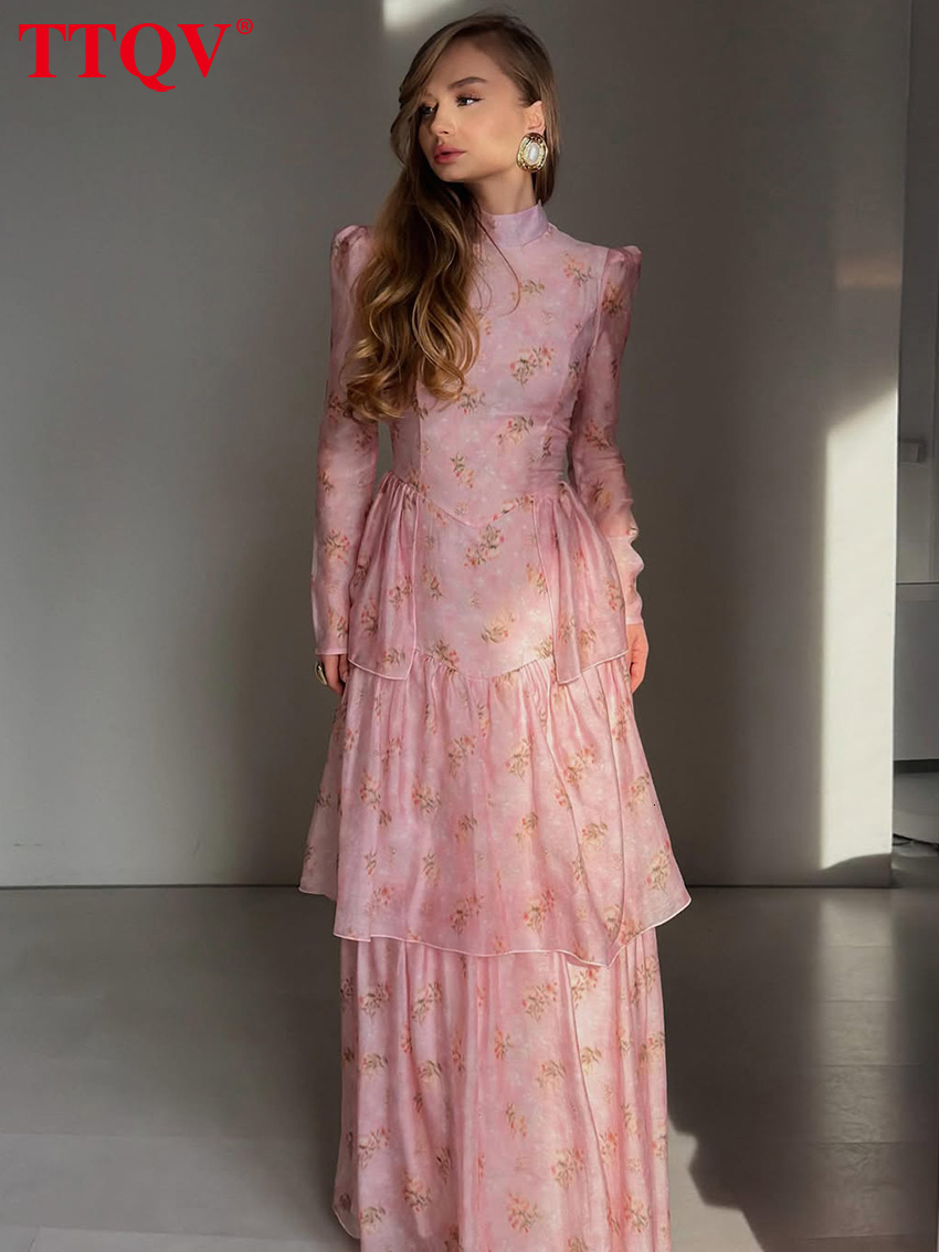 Fashion Loose Print Women's 2026 Autumn Stand Collar Long Sleeve Maxi Dresses Elegant Classic Pleated Female Dress