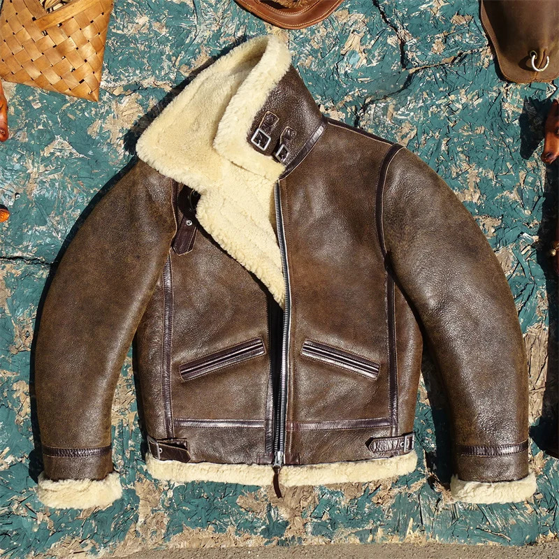 Dark Brown Winter Shearling Jacket Men Vintage Style Plus Size 4XL Genuine Natural Thick Sheepskin Turn-Down Collar Flight Coat 261013