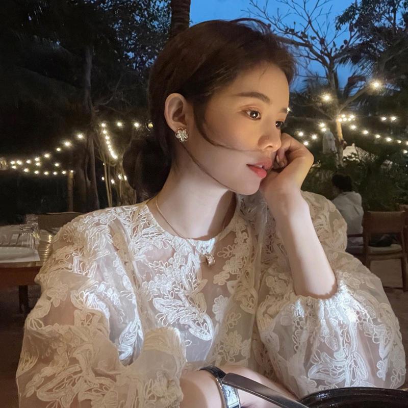 MEXZT Elegant Sheer White Shirts Women Fashion Lace Embroidery Blouses Summer Office Ladies Korean Long Sleeve Design Tops New