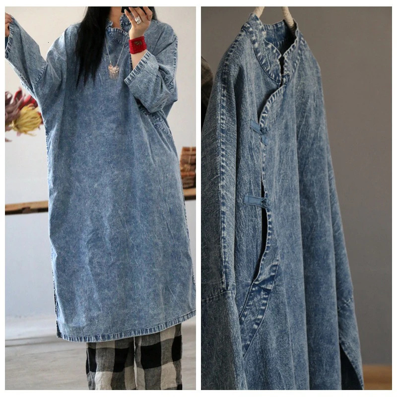 2025 Spring Arts Style Women Stand Collar Loose Soft Denim Long Dress Vintage Button Blue Pullover Dresses Top Quality A12 261015
