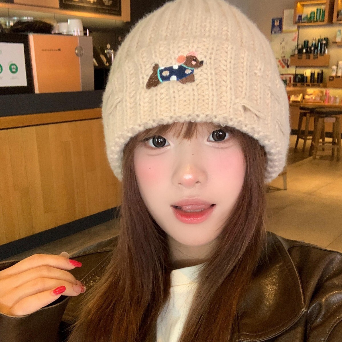 2025 new embroidered puppy knitted hat for women, autumn winter ear-covering beanie, versatile, warm, and thickened knit hat, trendy