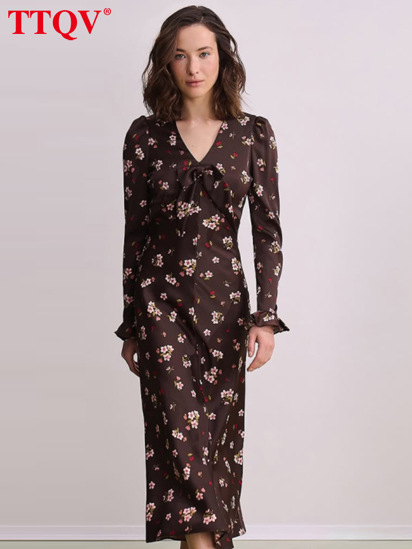 Fashion Loose Print Women 2026 Autumn V-Neck Long Sleeve Ankle-Length Dresses Elegant Classic High Waist Female Dress
