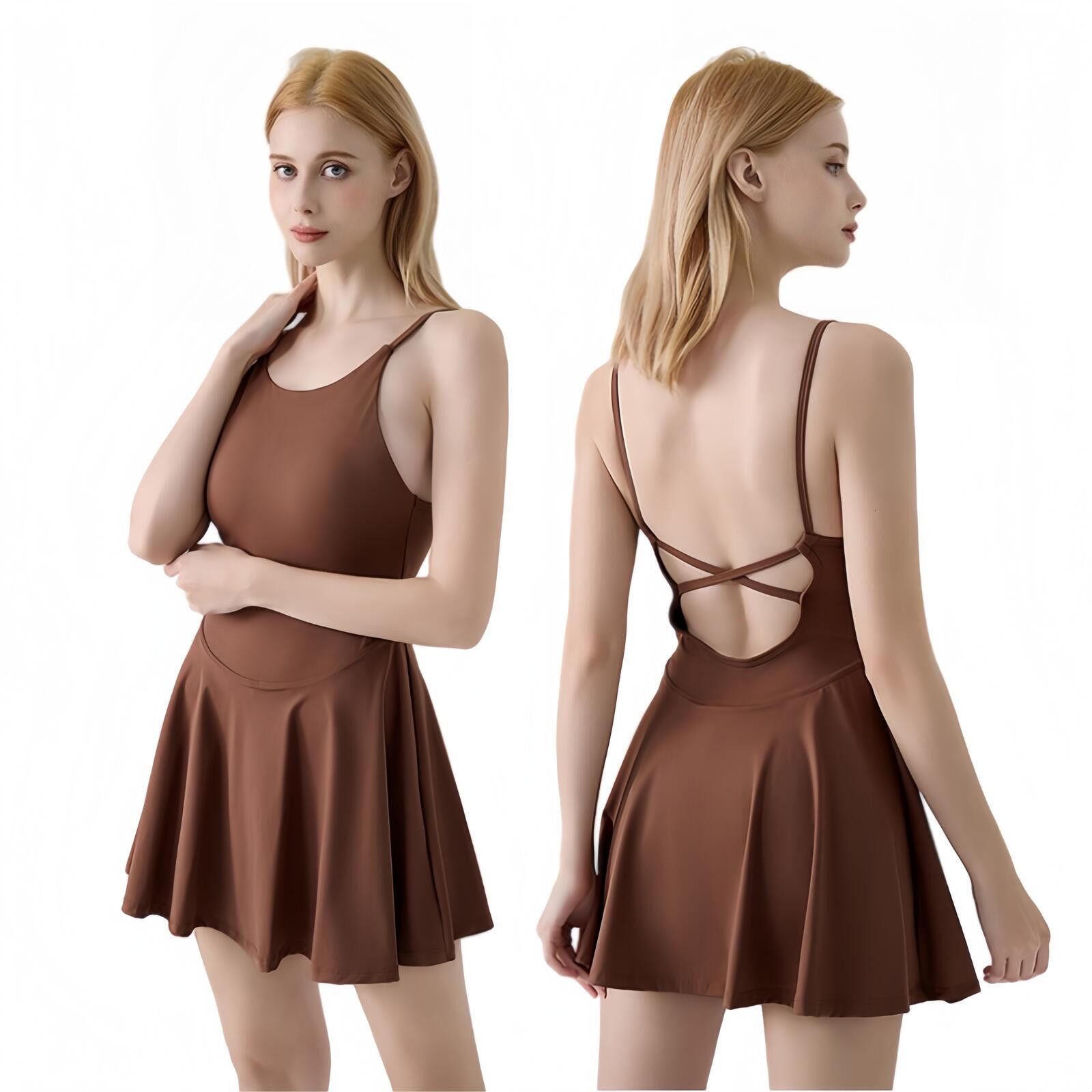 Womens Yoga Set Golf Camisole With Beautiful Back Tennis One Piece Yoga Long Dress With Chest Pads Womens Yoga Sports Dress Outdoor Leisure Style