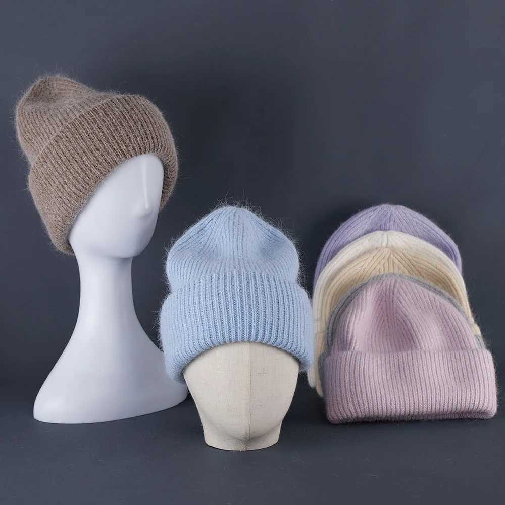 Beanie/Skull Caps 2024 Rabbit Fur Beanies Soft Warm Fluffy Winter Hat for Women Angora Knitted Hat Skullies Beanies Female Bonnet Woman Knit Cap Q26
