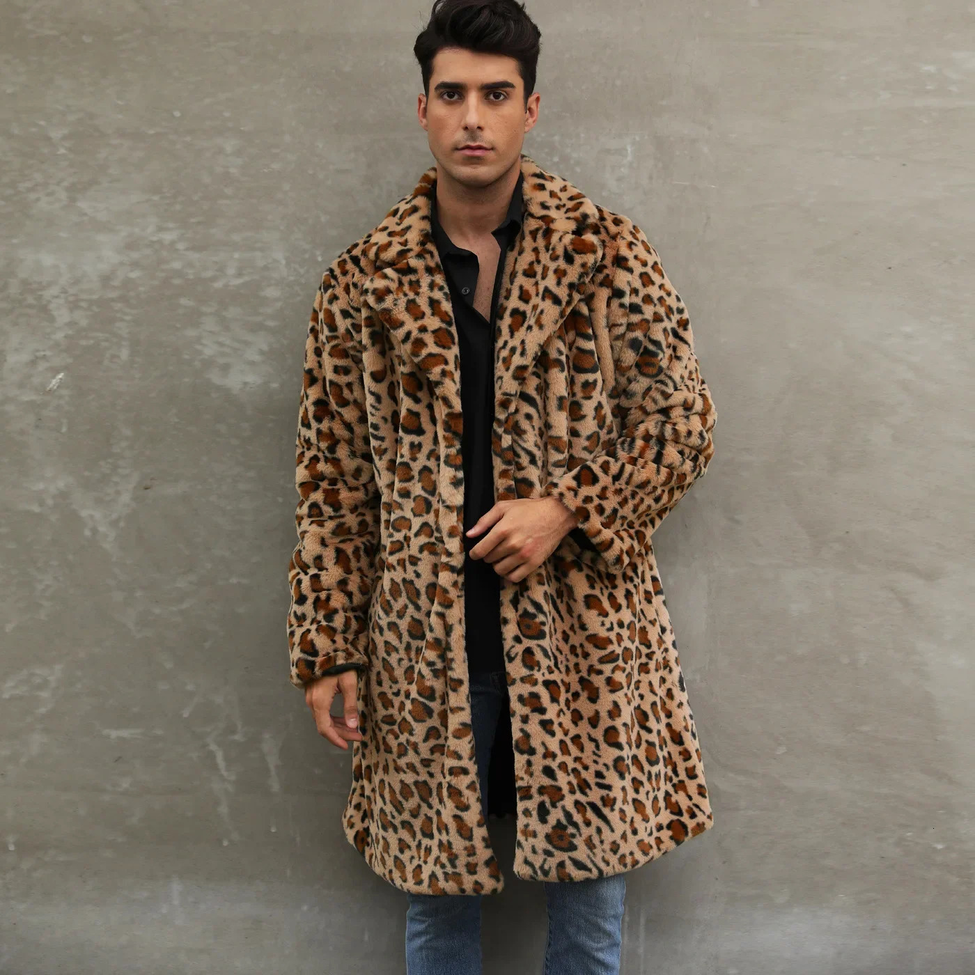 Men Faux Fur Jacket Coat Winter Thick Leopard Long Sleeve Warm Coats Shaggy Outerwear y Bontjas Jackets Mens 261008