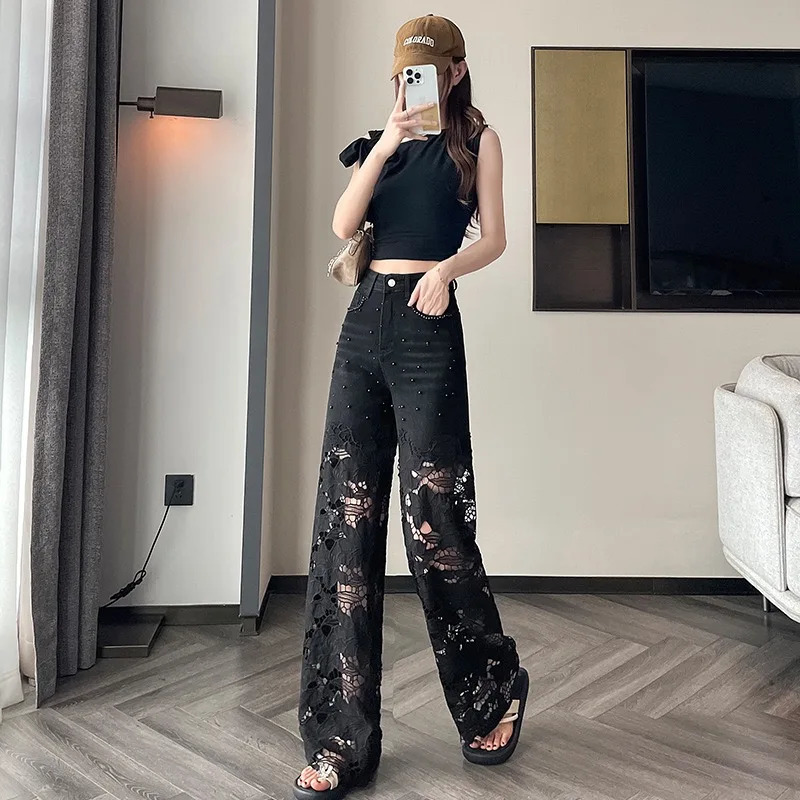 2025 Women's Denim Baggy Jeans flared Black Pants Diamonds Patchwork Lace Hollow Out Embroidery Straight Summer Fashion 260911
