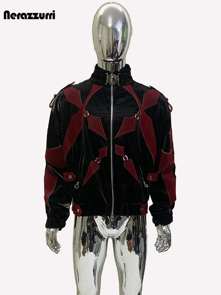 Mauroicardi Autumn Short Crocodile Print Patchwork Pu Leather Jacket Men Stand Collar Zipper Color Block Runway European Fashion 261014